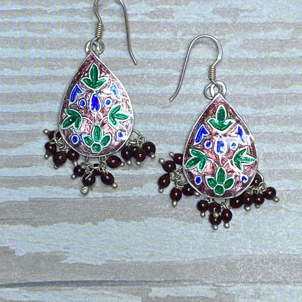 Vintage boho enamel floral cloisonne dangle sterling silver earrings